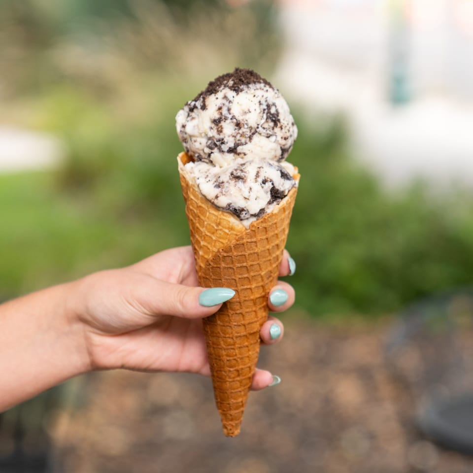 Hand with turquoise-painted nails holding a waffle cone topped with two scoops of cookies-and-cream ice cream outdoors.
