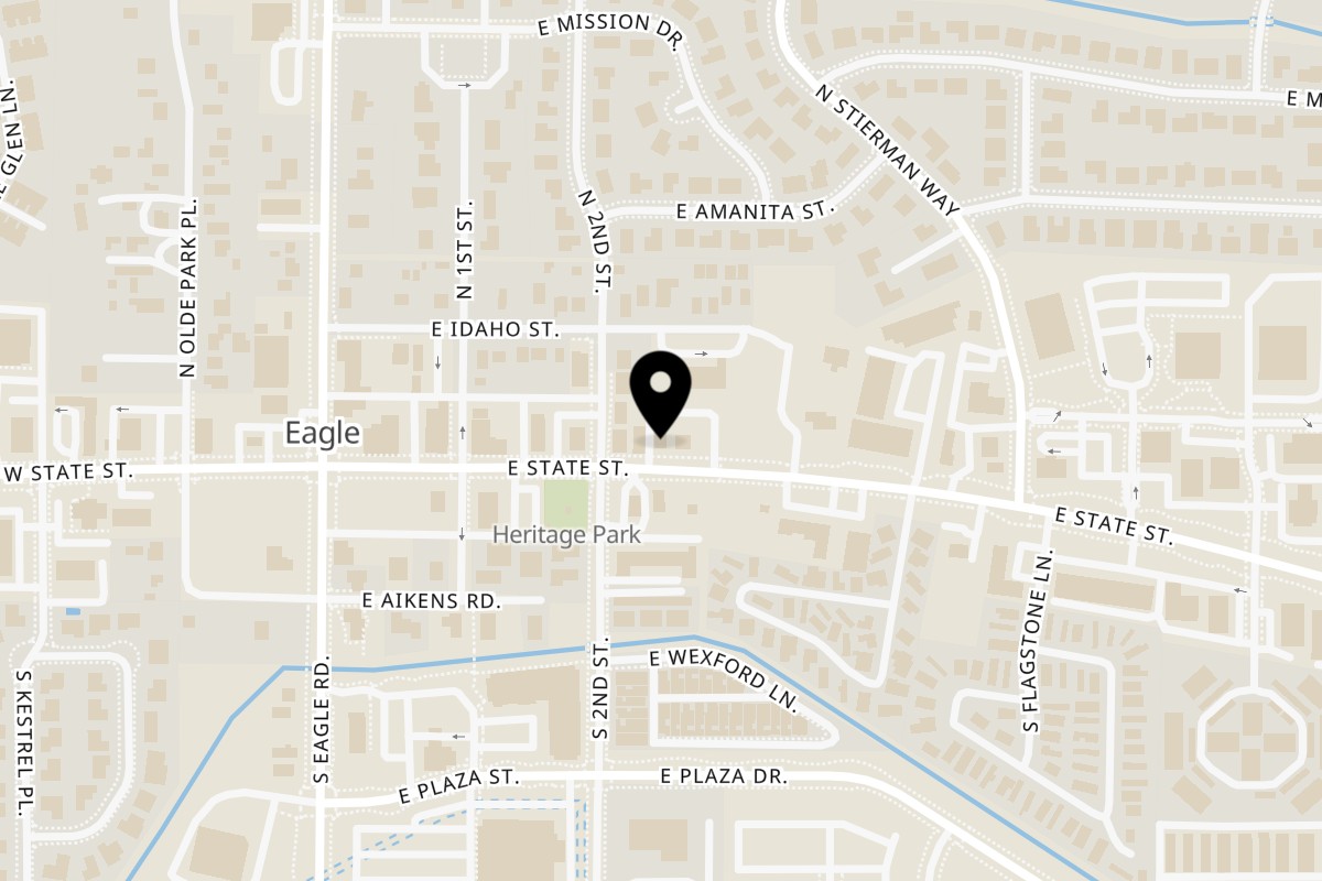 Map showing the location of PB&G Ice Cream Co on 342 E State St in Eagle